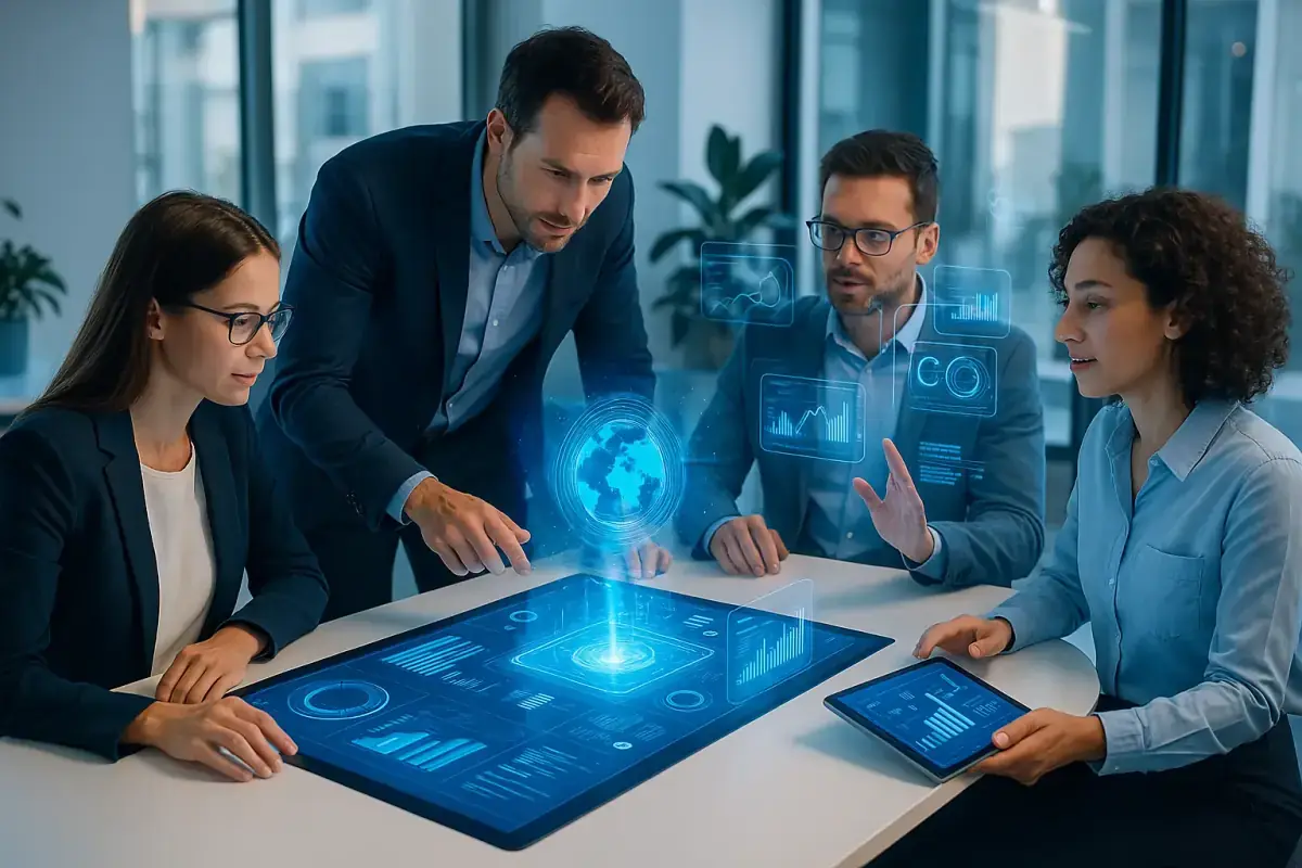 Équipe travaillant sur des outils numériques pour la transformation digitale