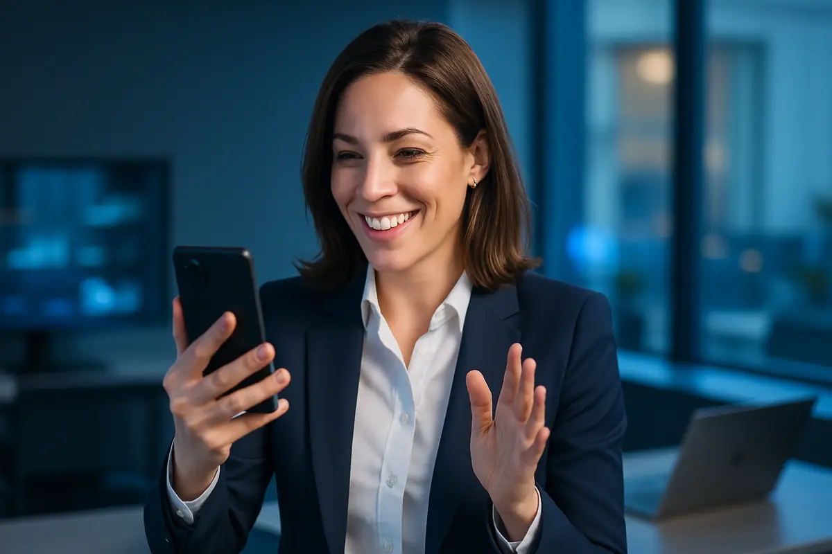 Collaboratrice en appel vidéo sur son smartphone professionnel