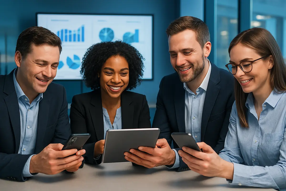 Équipe consultant ses smartphones et tablettes professionnels